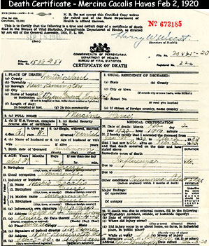 [Death Certificate - Mercina Cacalis Havas]